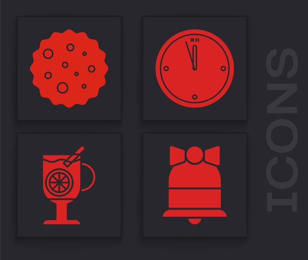 圣诞节响铃带巧克力饼干或饼干时钟热红酒与饮料图标矢量素材图片下载
