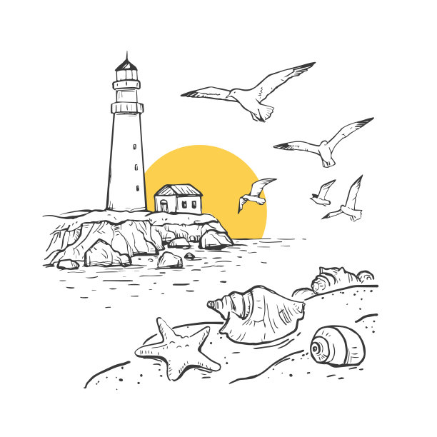 手绘矢量草图与海鸥，灯塔和黄色的太阳。沙滩上有贝壳和海星。海洋浪漫的背景图片下载