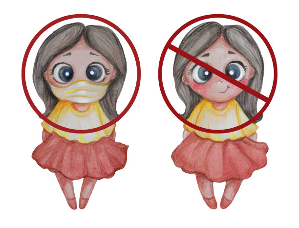 信息的信号。禁止和允许进入——不带医用口罩和戴口罩。流行的概念。可爱的小女孩在一个被划掉的红圈里。水彩画和彩色铅笔图片下载