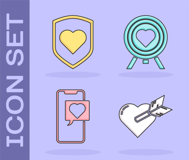 Set Amour with heart and arrow, heart with shield, Smartphone with heart speech bubble and heart in the center of dart target aim icon。向量图片下载