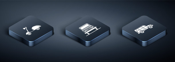 设置等距滑板车，越野汽车和汽车图标。向量图片下载