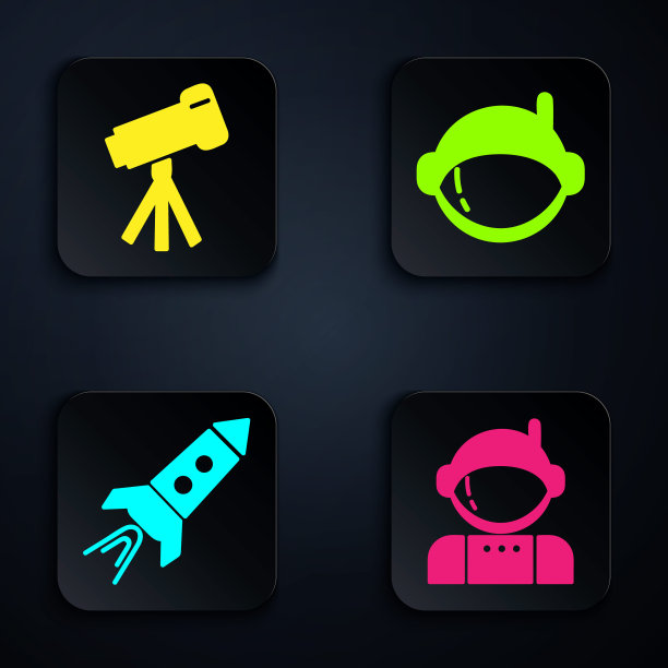 设置宇航员，望远镜，火箭飞船与火和宇航员头盔。黑色方形按钮。向量图片下载