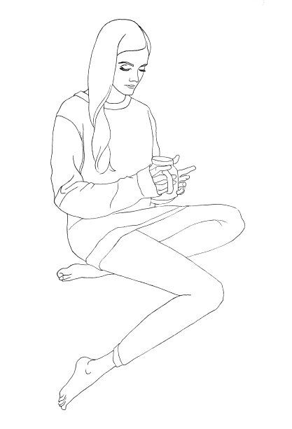 黑色马克线艺术手绘坐女孩与一杯茶或咖啡。秋天hygge心情。呆在家里。艺术创作对象着色书，卡，贴纸，背景，笔记本图片下载