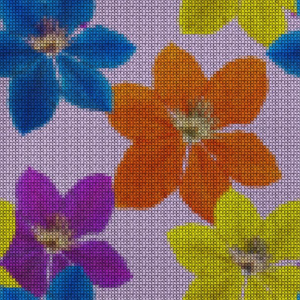 插图。十字绣。铁线莲的花。纹理的鲜花。连续复制的无缝模式。花的背景,拼贴。图片下载