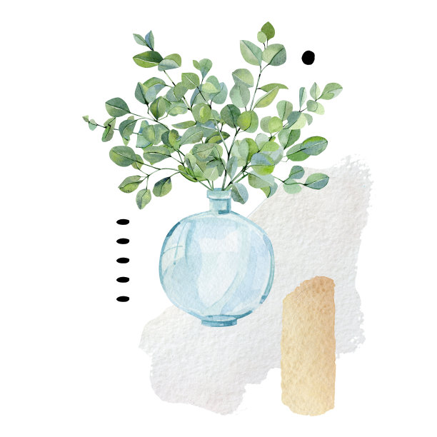 水彩桉树花环花瓶。抽象水彩绿色植物组成的温室植物和涂鸦形状的纺织品印花，基调板，海报，贺卡，厨房海报。图片下载