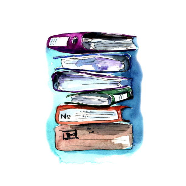孤立的水彩画——一堆彩色的办公文件夹图片下载