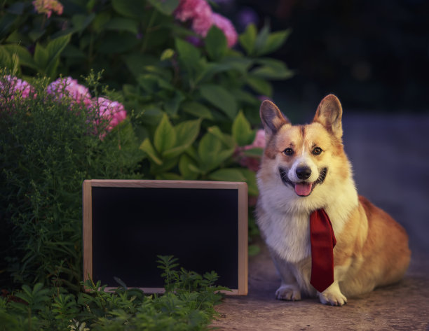 柯基狗狗坐在一个阳光明媚的夏日花园中，粉红色的绣球花床旁边是一个空的黑色粉笔板图片下载