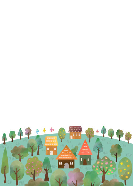 房子和树的框架，水彩纹理图片下载