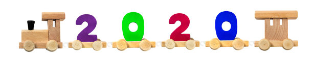 2020年新年快乐，木制玩具火车载着数字。彩色教育木制火车玩具学龄前儿童。儿童的学校观念。教育游戏。图片下载