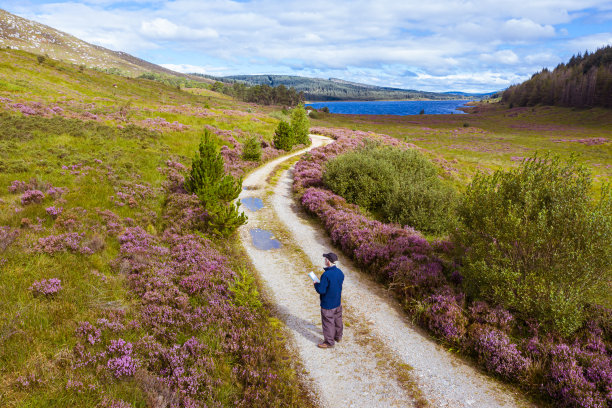 在苏格兰西南部邓弗里斯和加洛韦偏远地区的一条土路上，一名活跃的老年男子手持地图，从无人机上拍摄到这张照片图片下载