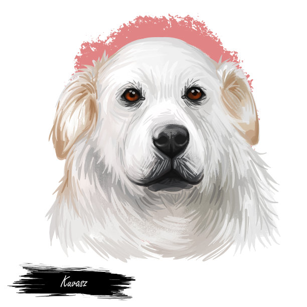 库瓦斯匈牙利古代品种家畜狗数字艺术插图。宠物和看门狗，起源于匈牙利，是农民和牲畜的保护者。纯种动物幼犬孤立画像。图片下载