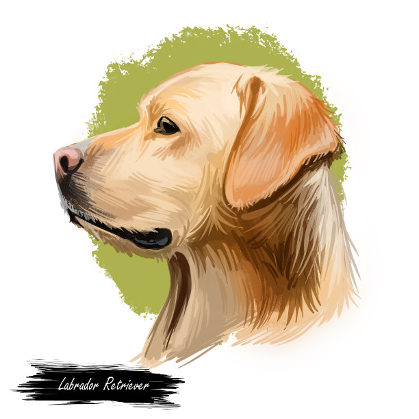 纯种拉布拉多猎犬肖像数码艺术插图。加拿大猎犬哺乳动物，狩猎品种起源于加拿大。小狗特写画与小狗实验室与大耳朵孤立犬。素材图片