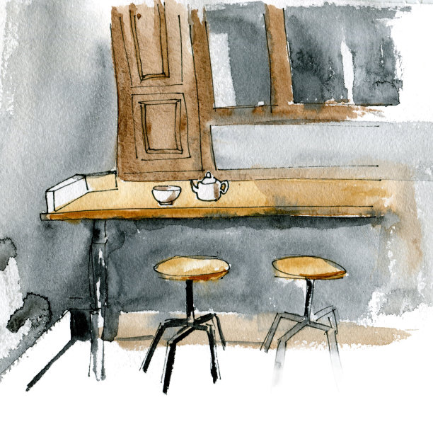 室内:两把椅子，一个酒吧，一个水壶和一个杯子。水彩,墨水。草图。图片下载