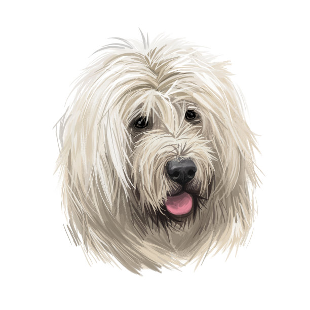 罗马尼亚mioritic狗数字艺术插图家畜监护人品种，起源于喀尔巴阡山脉的罗马尼亚。罗马尼亚的一种山地宠物，长着白色的长毛和伸出的舌头。图片下载