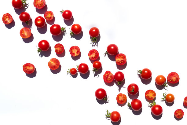 小红樱桃番茄在白色背景上平铺图片下载