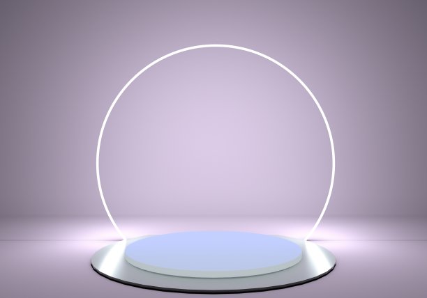 3d基座，圆柱体平台，闪亮的金属裙台与圆形霓虹框架。空白产品展示架。表现阶段。图片下载