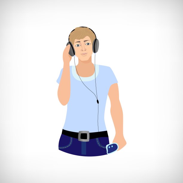 年轻人在白色背景上使用现代科技产品。使用耳机和音频播放器听音乐的人。矢量插图。图片下载