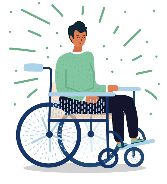 卡通年轻人坐在轮椅上与蓝色元素和米色的靠背和座位。黑色裤子和绿色毛衣。手绘的风格。在白色背景上隔离图片下载