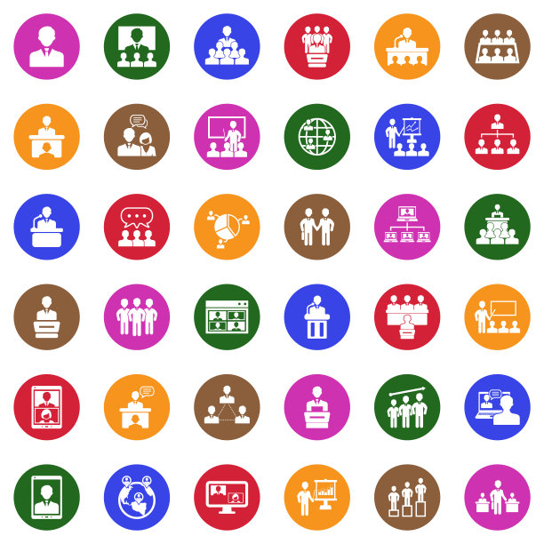 会议，商业和管理图标。圆形的白色平面设计。矢量插图。图片下载