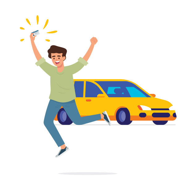 男人感到高兴，兴奋地跳着，拿着他的驾照在他的崭新的汽车前图片下载