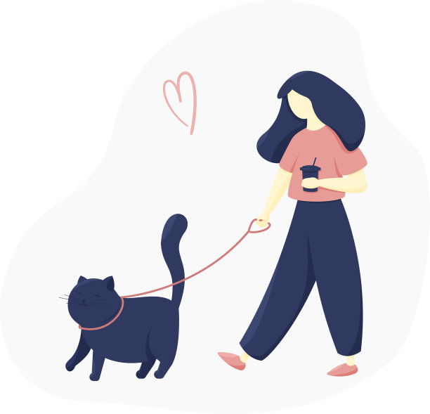 带着猫散步的女人。女孩和她的猫边喝咖啡边散步。图片下载