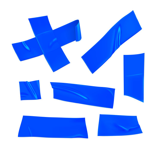 蓝色胶带。逼真的蓝色胶带片固定孤立的白色背景。胶粘剂交叉和纸粘。逼真的3d矢量图图片下载