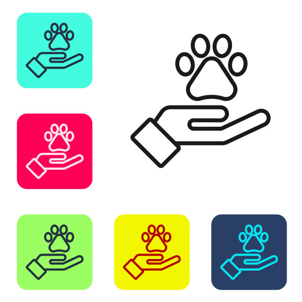 黑线手与动物足迹图标隔离在白色背景。把爪子放在心里。爱护动物。设置图标为彩色方框按钮。向量图片下载