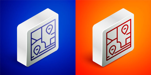 等距线折叠地图，位置标记图标隔离在蓝色和橙色背景上。银色方形按钮。向量图片下载