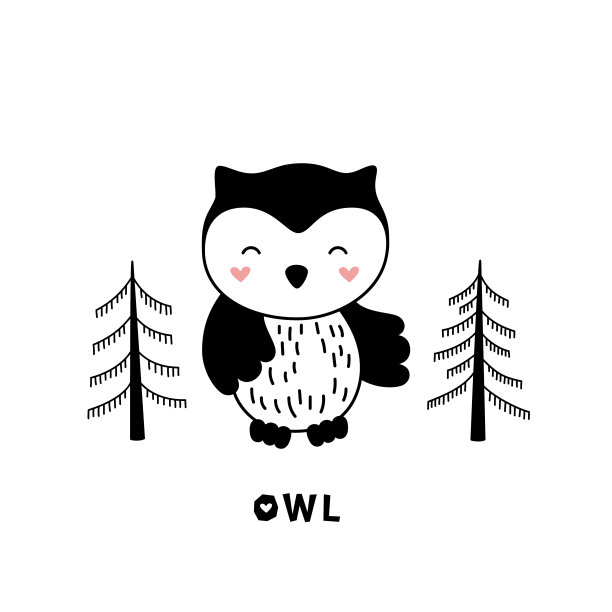 斯堪的纳维亚风格的儿童猫头鹰。明信片上的森林动物有题词。图片下载