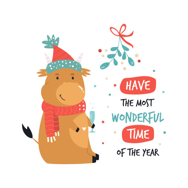 拿着香槟的搞笑奶牛。圣诞贺卡图片下载