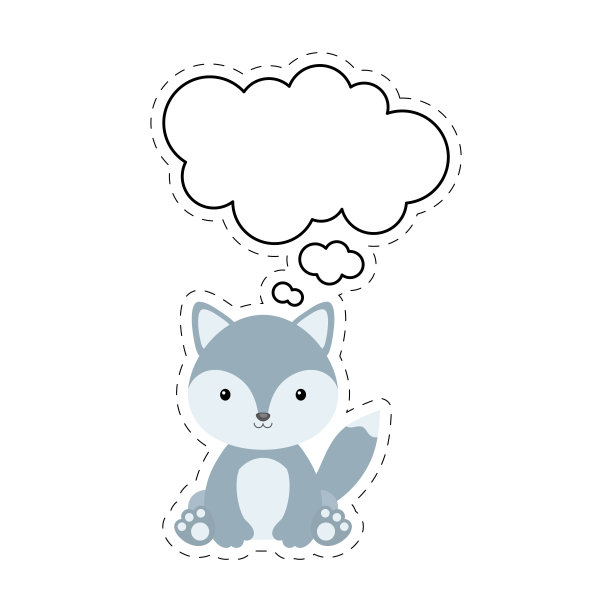 可爱的卡通狼与语音气泡贴纸。卡哇伊角色的白色背景。卡通坐动物明信片剪纸为生日，婴儿送礼会，派对事件。矢量插图。图片下载