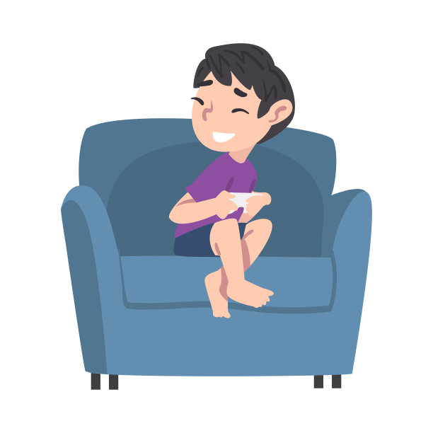 微笑的男孩坐在扶手椅与操纵杆，十几岁的孩子玩视频电脑游戏卡通风格矢量插图图片下载