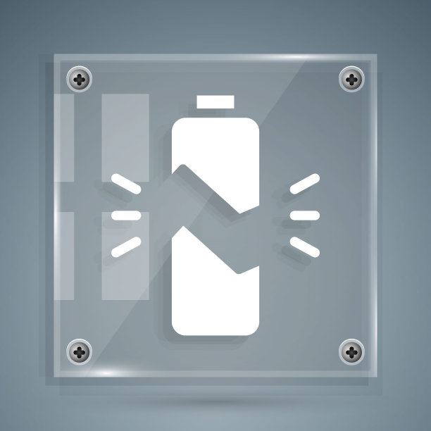 白色坏电池图标孤立在灰色背景。方形玻璃面板。矢量图图片下载