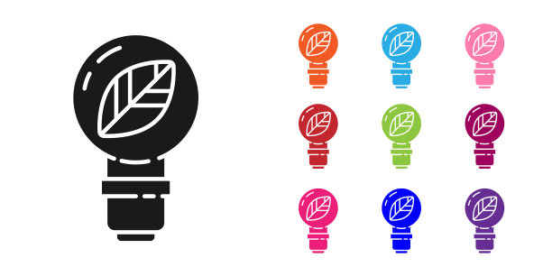 黑色灯泡与叶子图标孤立在白色背景。生态能源的概念。替代能源的概念。设置图标丰富多彩。矢量图图片下载