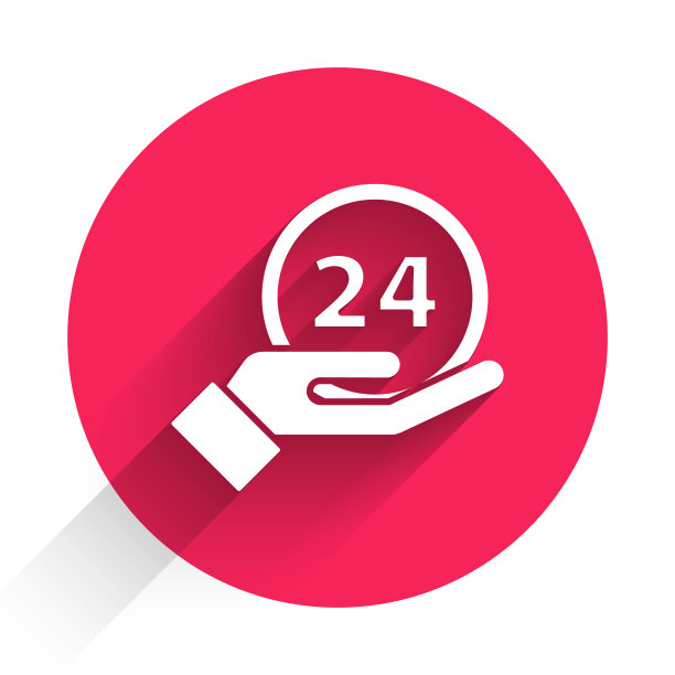 白色时钟24小时图标孤立与长影子。整天循环图标。24小时服务标志。红色圆圈按钮。矢量图图片下载