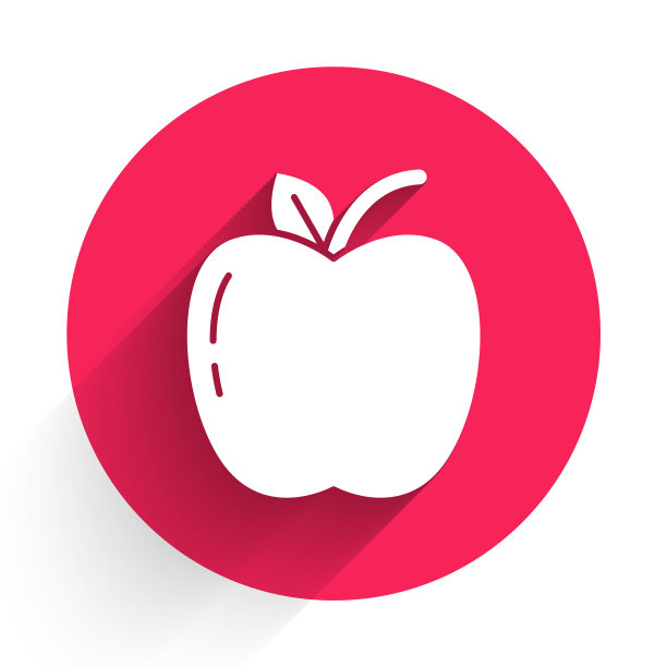 白色的苹果图标孤立着长长的影子。带有叶子符号的水果。红色圆圈按钮。矢量图图片下载