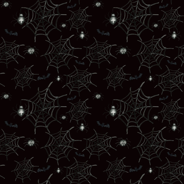 蝙蝠、蜘蛛、网无缝图案。水彩漫画插图织物，剪贴簿，纸设计在黑色的背景。万圣节的幽灵般的纹理。图片下载