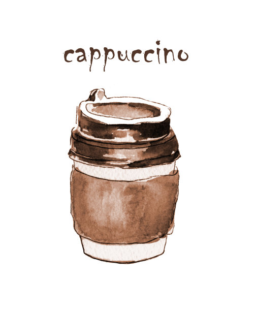 手绘水彩插图。外卖咖啡，白色背景的棕色纸杯咖啡图片下载
