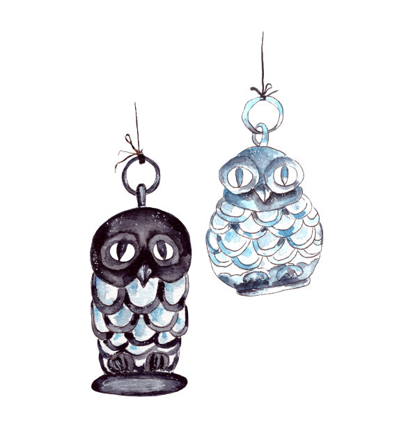 手绘水彩插图。两只不同颜色的猫头鹰挂在天花板上装饰室内。万圣节庆祝活动的属性。孤立在白色背景上图片下载