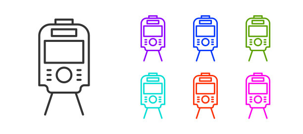 黑线有轨电车和铁路图标孤立在白色背景。公共交通的象征。设置图标丰富多彩。向量图片下载