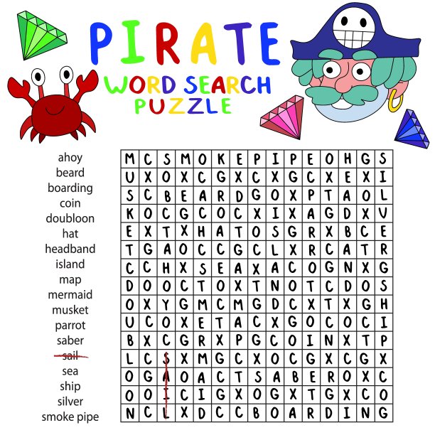 帮助有趣的盗版者在单词搜索谜题向量中找到单词图片下载