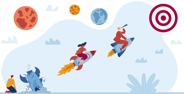 创业矢量插图，卡通扁领袖商人人物在火箭飞船上飞行，带领团队向目标前进图片下载