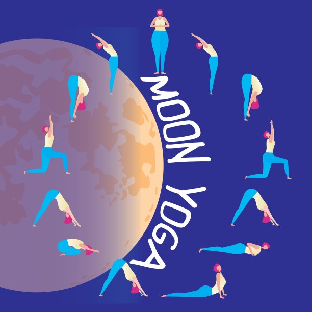 女孩做瑜伽作为月亮拜礼概念，平面矢量股票插图或信息图与钱德拉namaskar的文本图片下载
