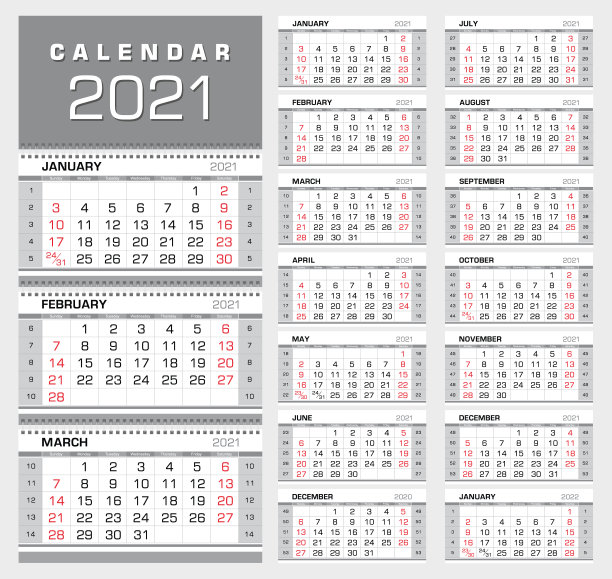 2021年的季度日历上有周数。一周从周日开始，14个月。准备打印，颜色-银，黑，红。矢量图图片下载