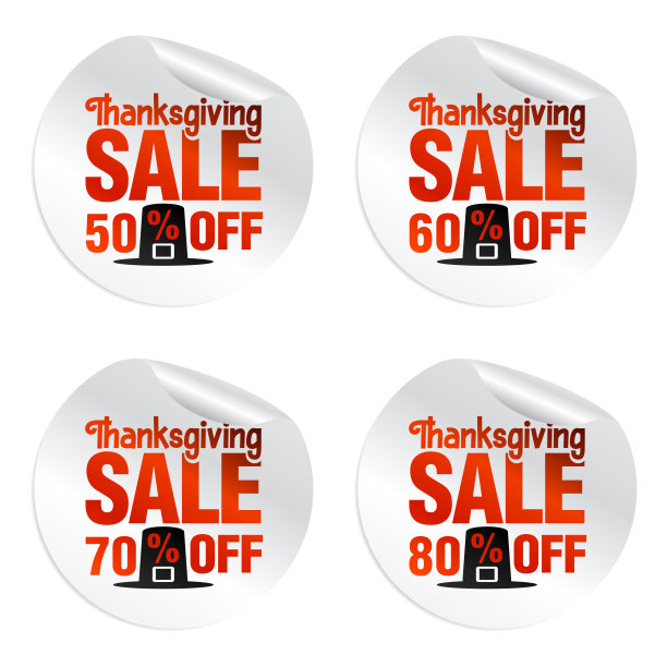 感恩节大甩卖的贴纸上有朝圣者帽，5折，6折，7折，8折。矢量图图片下载