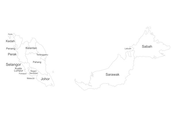 马来西亚联邦州地图上的白色背景。图片下载