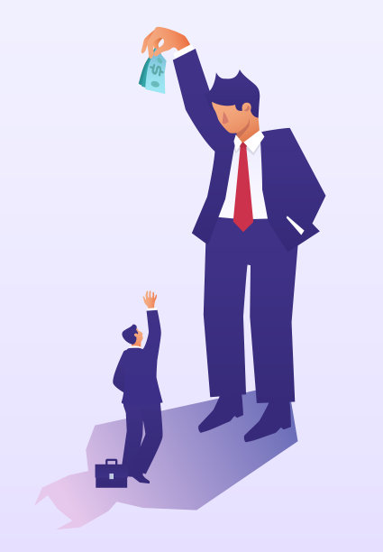 高大的老板身材比矮小的工人高。建立雇员和雇主之间的关系。这是欠薪和减薪的隐喻图片下载
