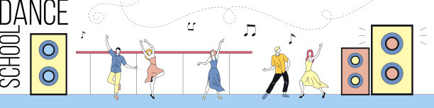 线性矢量插图与轮廓，集合对舞蹈。舞蹈学校概念卡通风格构成。男和女人们表演舞蹈在工作室与发言者，文本和笔记图片下载