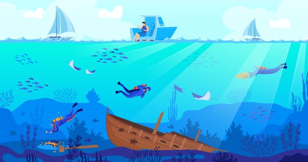 沉船潜水矢量插图，卡通平面水肺潜水员人物探索海洋深度与鱼，沉船的背景图片下载