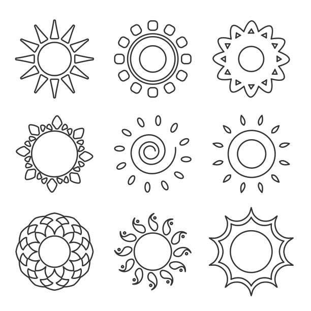 太阳黑线图标标志类型夏季网向量集图片下载